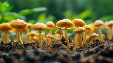 Poster - A close-up of mushrooms growing in a farm setting, with a focus on the rich soil and healthy mycelium, showcasing the cultivation process of these nutritious fungi.