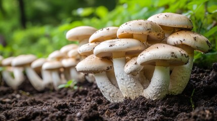 Poster - A close-up of mushrooms growing in a farm setting, with a focus on the rich soil and healthy mycelium, showcasing the cultivation process of these nutritious fungi.