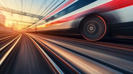 Aufkleber - A close-up of the wheels of a high-speed train in motion, with blurred scenery in the background, emphasizing speed and engineering precision