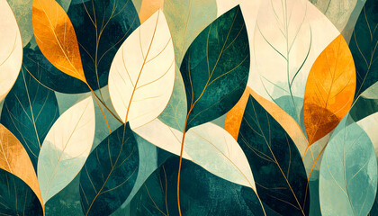Poster - Colorful abstract illustration of overlapping leaves in green and gold hues