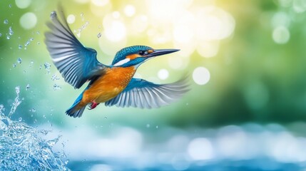 Poster - A colorful kingfisher darting through the air above a river, captured in mid-flight, with its vibrant plumage contrasting against the blue water.