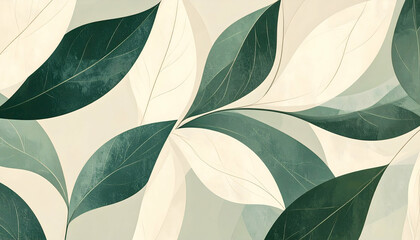 Poster - Abstract foliage pattern with green and cream leaves arranged elegantly