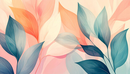 Poster - Abstract leaf patterns in soft pastel colors with a smooth gradient background