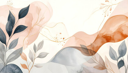 Poster - Abstract watercolor leaves and waves in soft colors