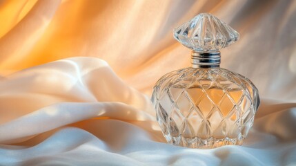 Fototapete - A delicate crystal perfume bottle with a faceted design, reflecting light and colors, placed against a soft silk background for an elegant touch