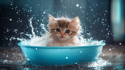 Poster - A cute shot of a kitten splashing in a shallow basin of water, with droplets flying and a playful expression, capturing the joy of bath time.