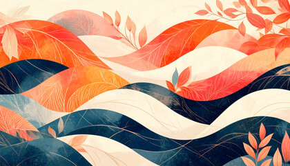 Poster - Colorful abstract waves with foliage inspired design elements