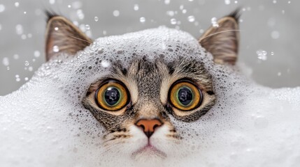 Poster - A dramatic close-up of a cats face covered in bubbles during bath time, with wide eyes and a curious expression, highlighting its playful personality.