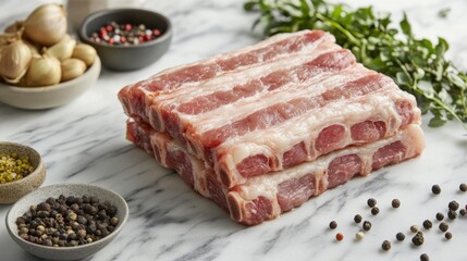 Poster - A dramatic image of fresh pork belly on a marble countertop, highlighting the layers of fat and meat, evoking thoughts of delicious cooking possibilities