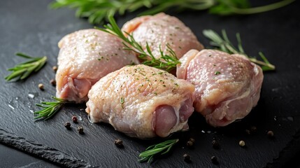 Poster - A dramatic shot of raw chicken thighs and drumsticks placed on a dark slate surface, with droplets of water and herbs adding freshness to the scene.