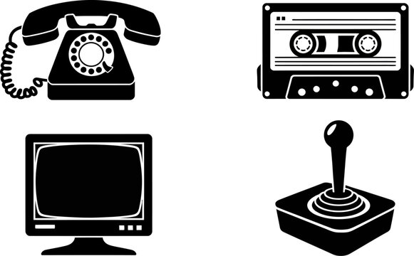 Retro technology vector icons set telephone cassette monitor joystick vintage devices collection design element editable stock vector illustration