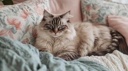 Poster - A fat cat with a fluffy coat snoozing on a fluffy pillow, with its ears twitching slightly, surrounded by pastel-colored decor