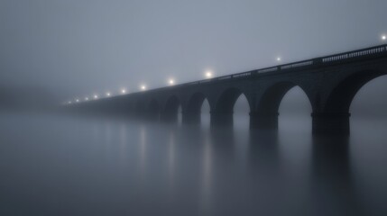 Poster - A foggy night scene of a bridge disappearing into mist, with faint lights barely visible, creating an ethereal and mysterious atmosphere