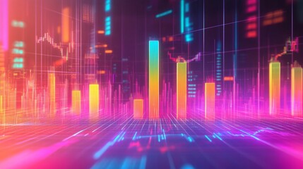 Leinwandbilder - A futuristic financial D bar graph showing rising bars in bright colors, floating against a digital grid background with financial symbols.