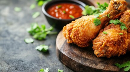 Poster - A golden-brown piece of fried chicken resting on a rustic wooden board, garnished with fresh herbs and accompanied by a small bowl of dipping sauce.