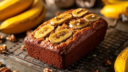 Poster - A loaf of banana bread cooling on a wire rack, surrounded by ripe bananas and a sprinkle of nuts, evoking a cozy baking atmosphere.
