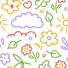 Aufkleber - Seamless pattern of cute kids elements. Hand drawn fun childish print. Vector line illustration	