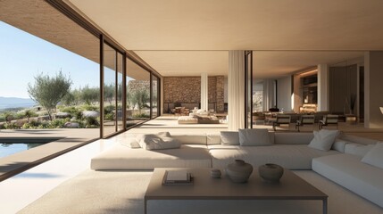 Aufkleber - A modern living room with an open floor plan, featuring large sliding doors that open to an outdoor patio, blending indoor and outdoor living