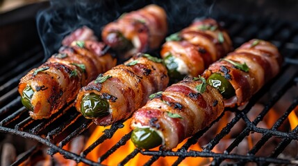 Aufkleber - A mouthwatering image of bacon-wrapped jalapeo poppers on a grilling rack, sizzling over an open flame, highlighting their deliciousness and smoky aroma