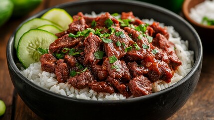 Poster - A mouthwatering image of beef rice in a deep bowl, with the beef marinated in a savory sauce, accompanied by lime wedges and sliced cucumbers on the side.