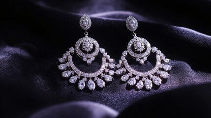Poster - A pair of elegant chandelier diamond earrings showcased on a dark velvet cloth, with soft lighting creating dramatic shadows that enhance their beauty