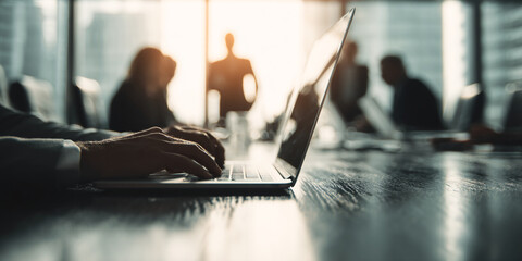 Poster - Close-up of hands typing on laptop keyboard, blurred business meeting in background, showcasing modern workspace and teamwork concept