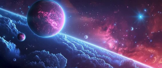 Wall Mural - Explore a mesmerizing cosmic landscape featuring vibrant planets and stunning nebula effects. Witness the beauty of the universe in this digital masterpiece.
