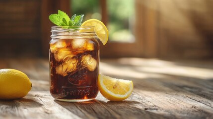 Aufkleber - A refreshing soda served in a mason jar with ice, topped with a lemon slice and mint, sitting on a rustic wooden table in natural light.