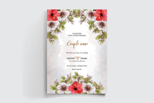 WEDDING INVITATION FRAME WITH FLOWER DECORATIONS AND FRESH LEAVES
