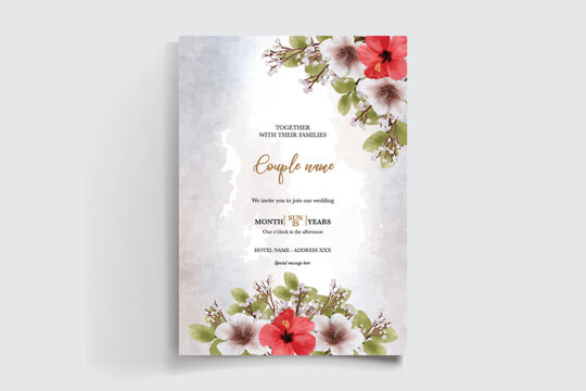 WEDDING INVITATION FRAME WITH FLOWER DECORATIONS AND FRESH LEAVES