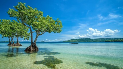 Poster - A serene coastal view of mangrove trees standing tall in shallow water, with a backdrop of distant hills and a clear blue sky, showcasing nature's beauty
