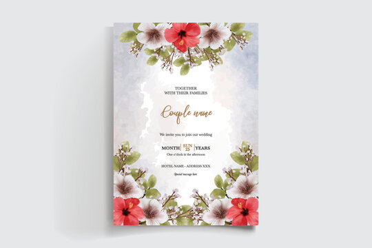 WEDDING INVITATION FRAME WITH FLOWER DECORATIONS AND FRESH LEAVES