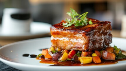 Poster - A slow-cooked pork belly presented with a glossy glaze, resting on a bed of sauted vegetables and drizzled with sauce for a gourmet touch.