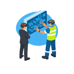 Fototapete - Virtual Reality Industrial Plant Design Collaboration Shows Two Men Using VR Headsets to Review Factory Blueprint
