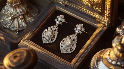 Poster - A striking photo of a pair of vintage-inspired diamond earrings with intricate designs, surrounded by antique jewelry pieces to evoke a sense of history