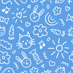 Aufkleber - Seamless pattern of cute kids elements. Hand drawn fun childish print. Blue and white colors. Vector line illustration	