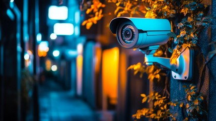 Poster - A stunning shot of a high-tech CCTV camera with infrared capabilities, set against a backdrop of a darkened alley, highlighting its advanced features for surveillance