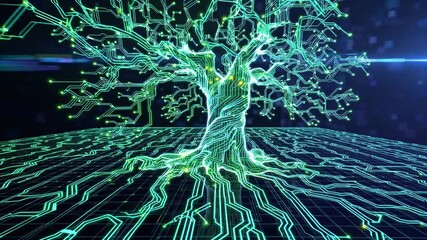 Aufkleber - Futuristic tree design with glowing circuits on a digital background in a vibrant tech environment