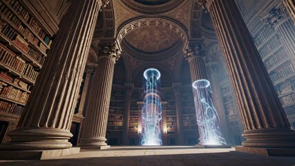 Fototapete - Ancient library with floating holograms reveals secrets of forgotten knowledge in a majestic setting
