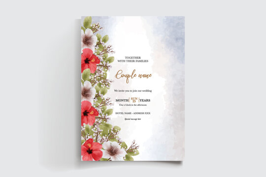 WEDDING INVITATION FRAME WITH FLOWER DECORATIONS AND FRESH LEAVES