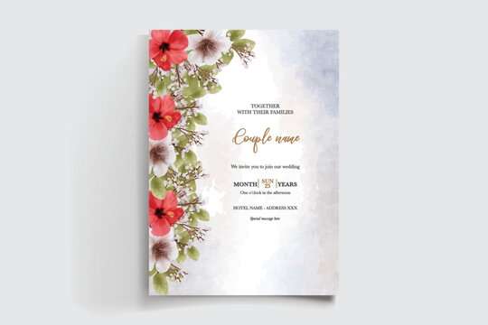 WEDDING INVITATION FRAME WITH FLOWER DECORATIONS AND FRESH LEAVES