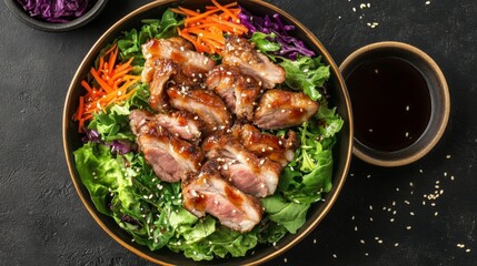 Poster - A vibrant image of a pork belly salad featuring fresh greens, crunchy vegetables, and a tangy dressing, showcasing a healthy and colorful meal option