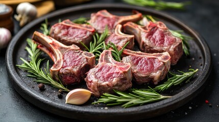 Poster - A vibrant image of freshly butchered lamb chops, beautifully arranged on a platter with rosemary and garlic, highlighting their tenderness and flavor