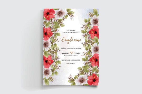 WEDDING INVITATION FRAME WITH FLOWER DECORATIONS AND FRESH LEAVES