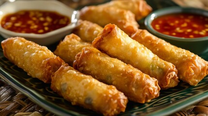 Poster - A vibrant plate of fried spring rolls, showcasing the golden-brown crispy exterior and served with a side of sweet chili sauce for dipping.