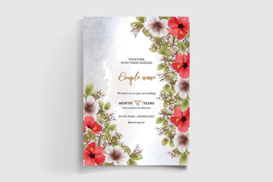 WEDDING INVITATION FRAME WITH FLOWER DECORATIONS AND FRESH LEAVES