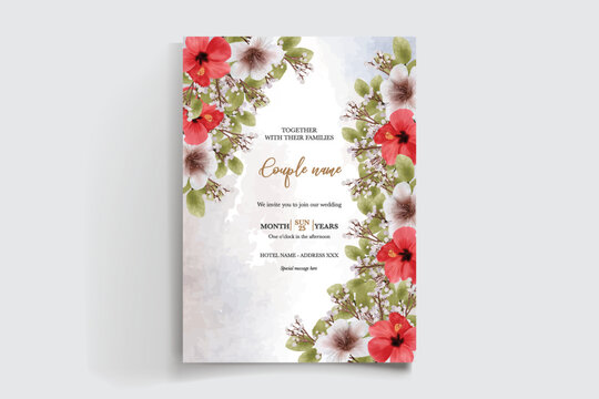 WEDDING INVITATION FRAME WITH FLOWER DECORATIONS AND FRESH LEAVES
