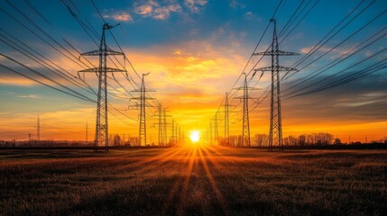 Poster - A vibrant sunrise illuminating a row of utility poles, with the light casting long shadows across a field, symbolizing new beginnings and energy