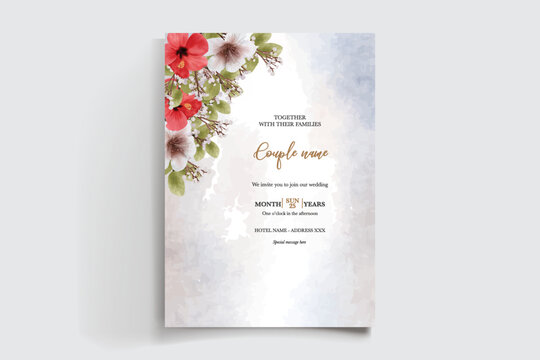 WEDDING INVITATION FRAME WITH FLOWER DECORATIONS AND FRESH LEAVES