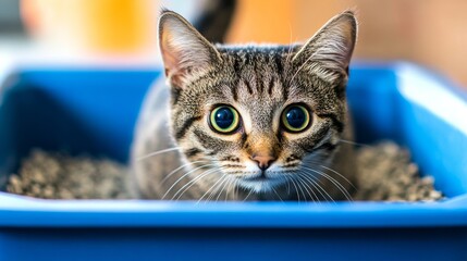 Poster - A whimsical image of a cat looking puzzled while inspecting its litter box, with curious expressions captured, evoking a sense of feline curiosity.